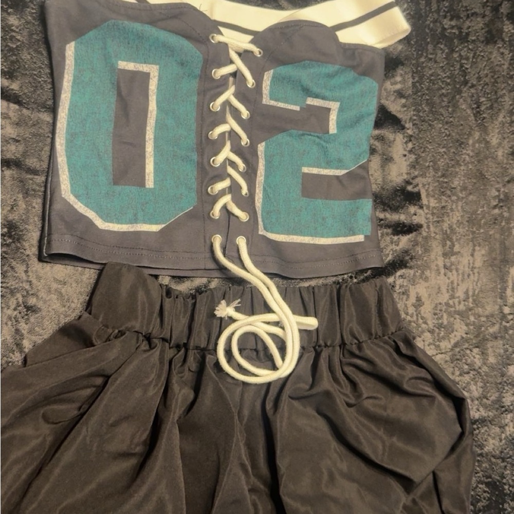 Gray and Teal Lace-Up Crop Top with Skirt